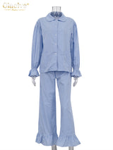 Clacive Fashion Loose Plaid Cotton Women's 3 Pieces Set 2025 Elegant Long Sleeve Shirt With High Wiast Wide Pants Set Female
