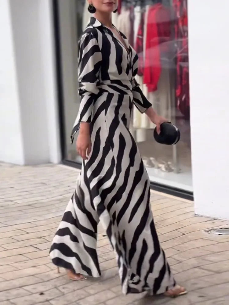 Zebra Print Lapel High-Waist Wide Leg Jumpsuit