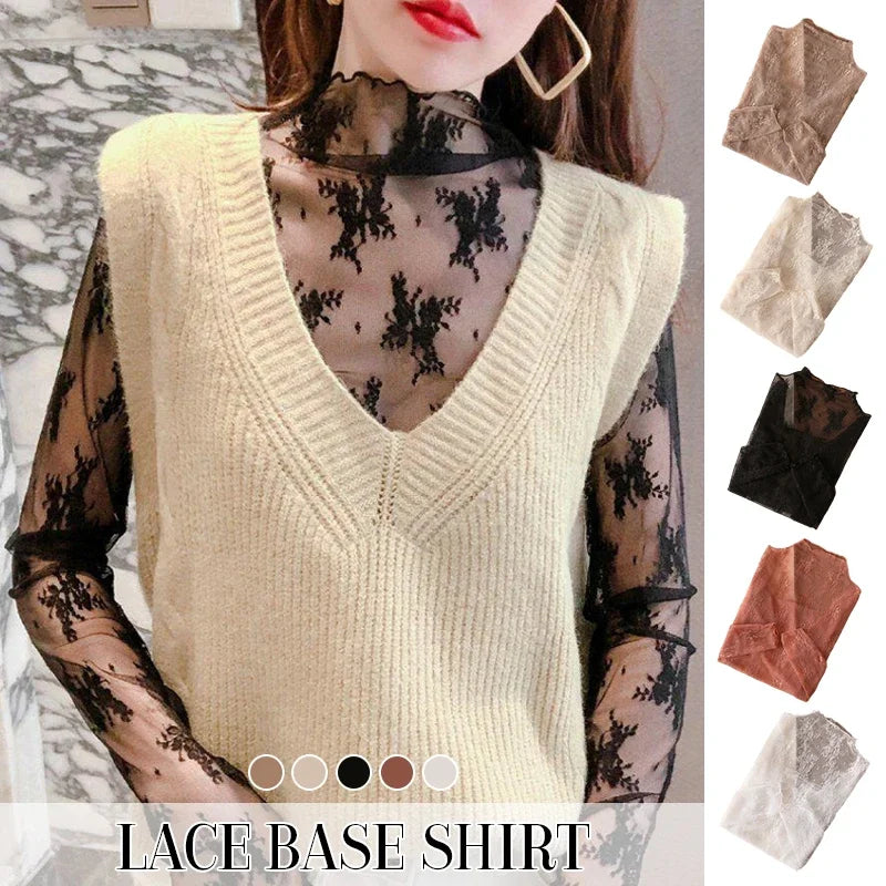Women’s Floral Lace Mesh Mock Neck Long Sleeve Top