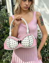 Polka Dot Bra Y2k Bags for Women Unique Novelty Cute Pink Bikini Handbag with Bow Harajuku Streetwear Funny Party Shoulder Bag