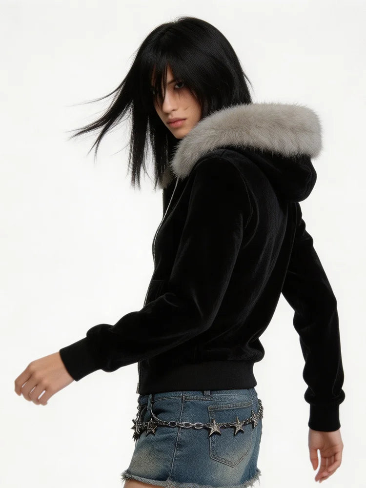 Autumn and Winter Women's Y2K GOTH Zipper Hoodie, Hairy Neck Hat, Slim Fit Long Sleeved Coat, Daily Punk Street Wear Coat