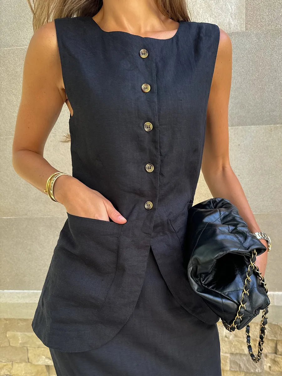 Bornladies Women's Sleeveless Vest High Waisted Skirt Set Spring Summer New Linen Casual Suit Fashion Office Lady Vest Set