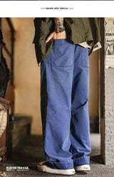 Maden Men‘s Vintage Washed Denim Jeans Blue Cotton Canvas Workwear Zipper Pants Loose Fit Casual Trousers for Spring and Autum