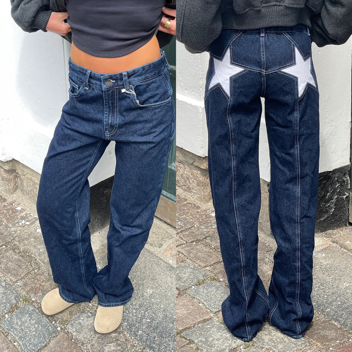 Women's Y2K Star Print Low-Rise Straight-Leg Jeans