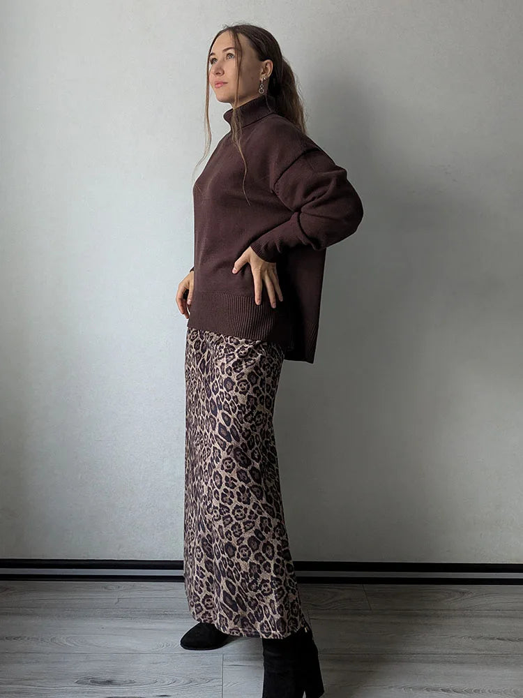 Leopard Print Suede Maxi Skirt – Women's Autumn Winter