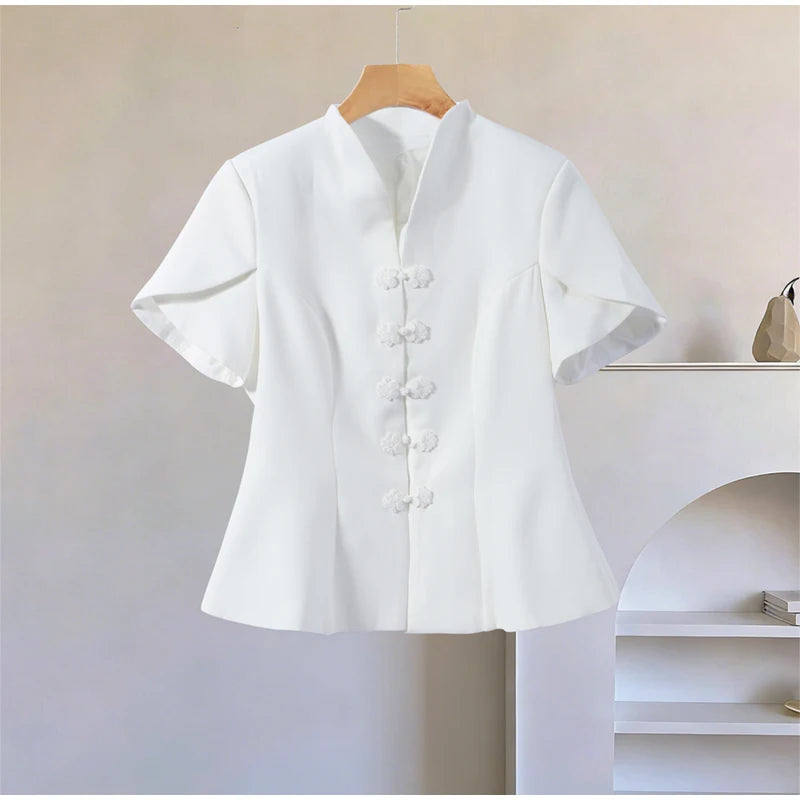 2026 Spring Summer Short Puff Sleeve Frog Button Shirt For Women Stand Collar  Single Breasted Blouse Lady Chic Street Party Top