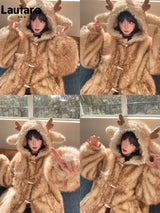 Women's Hooded Faux Fur Coat with Deer Ears