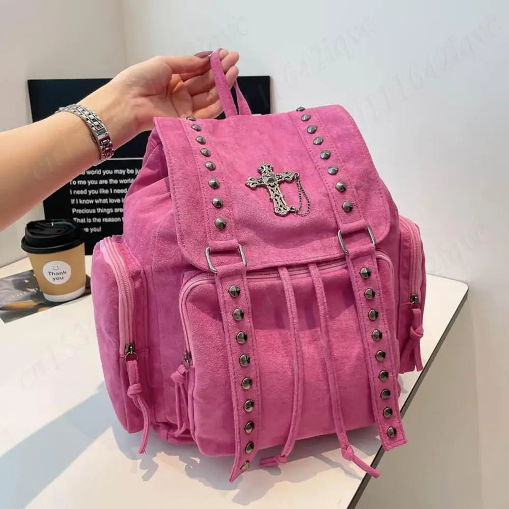 Gothic Punk Backpack Rivets Student School Bag Vintage Duffel Bag with Cross Stud Design Women Large Capacity Travel Bag