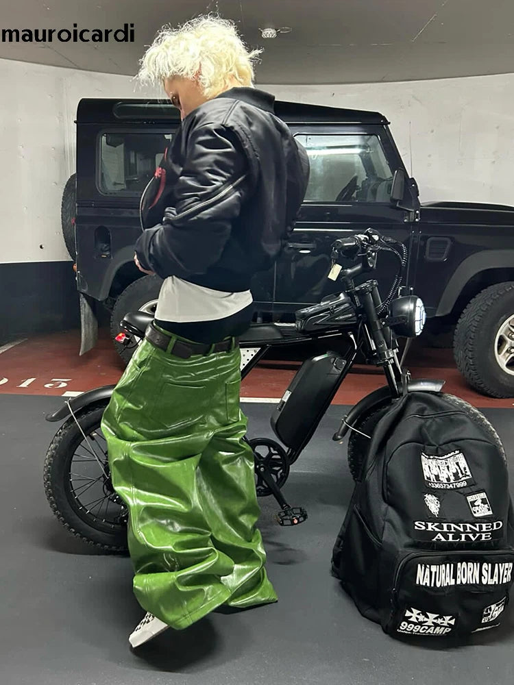 Olive Green PU Leather Wide Leg Pants — Men's Y2K Streetwear Trousers