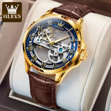 OLEVS 6661 Automatic Mechanical Man Watch Full Transparant Skeleton Flywheel Leather Strap Luxury Brand Original Mens Wristwatch