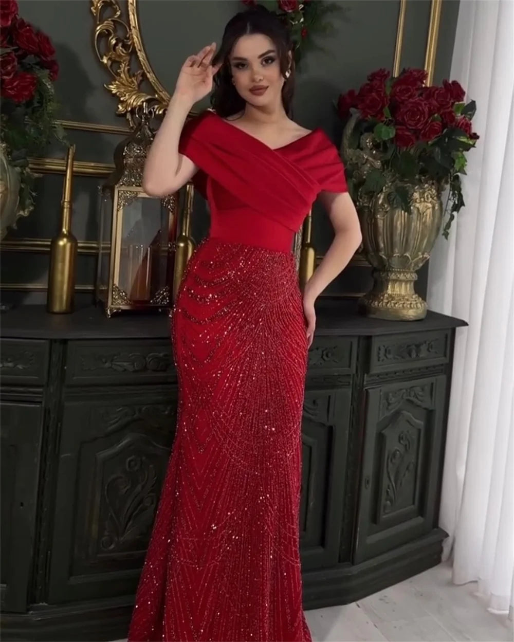 Contessa Dubai customized Red Mermaid Prom Dresses Beaded Off the Shoulde vestidos de noche Floor-Length Formal Evening 2025