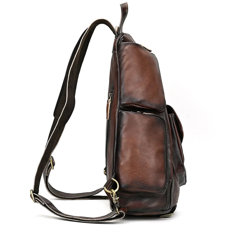 Single Shoulder Bagpack Genuine Leather Chest Bag Outdoor Riding Bag Chest Packs For Biker Men Male Sling Bags Cow Leather