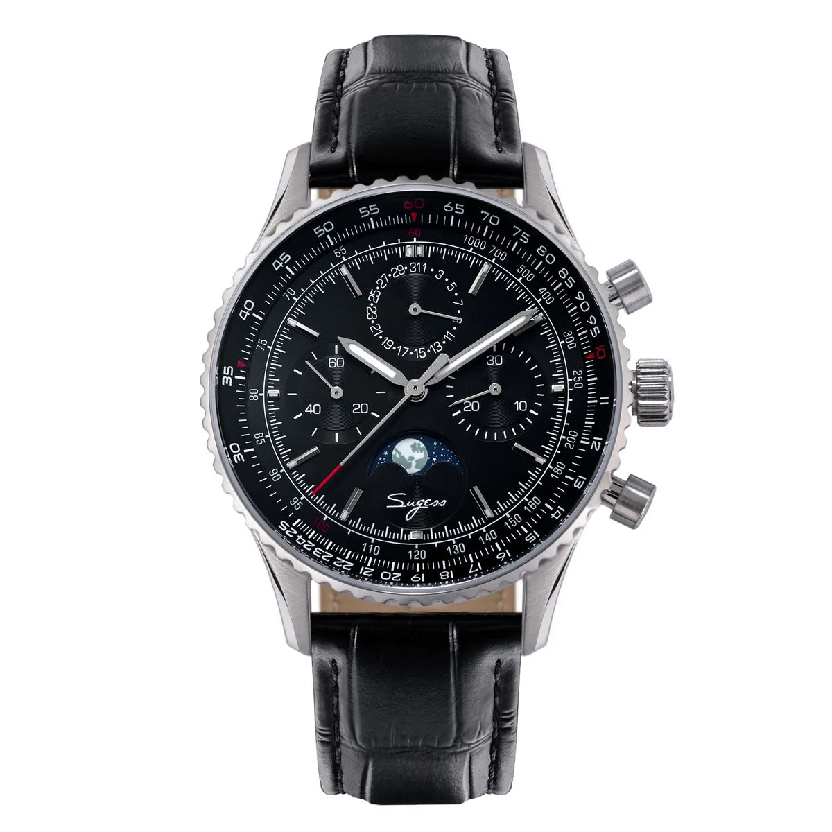 Sugess Watch Mens Moonphase Pilot Chronograph Mechanical Wristwatches Tianjin ST1908 Movement Swanneck Sapphire Crystal Luminous