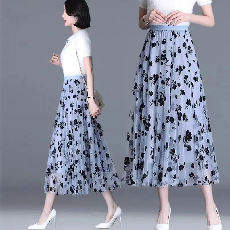 Romantic Floral Tulle A-Line Midi Skirt