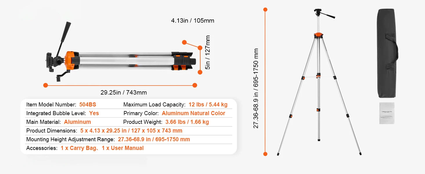 SucceBuy Laser Level Tripod 1/4"-20 & 5/8"-11 Thread Mount 40.94-133.85in Height Adjustment with Level Bubble & Heavy-duty Stand