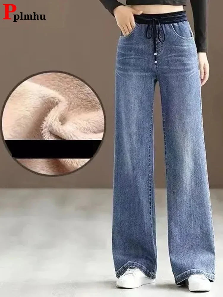 Winter Wide Leg Denim Pants Women Thicken Plush Velvet Lined High Waist Jeans Lace Up Warm Baggy Straight Vaqueros Pantalones