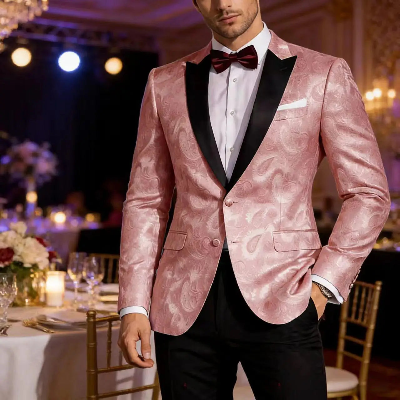 Men's Pink Paisley Tuxedo Blazer — Black Satin Lapel Formal Jacket