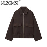 NLZGMSJ Women's 2025 Autumn Elegant Clothing Jacket Vintage Lapel Collar Zipper Full Sleeve Pocket Coat Lady Outerwears