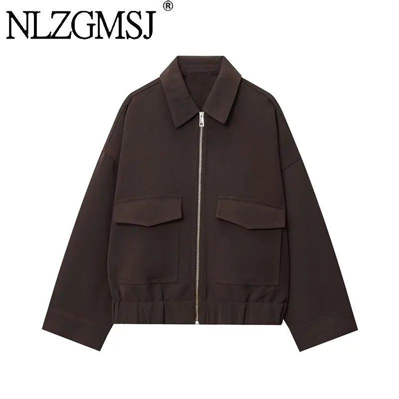 NLZGMSJ Women's 2025 Autumn Elegant Clothing Jacket Vintage Lapel Collar Zipper Full Sleeve Pocket Coat Lady Outerwears