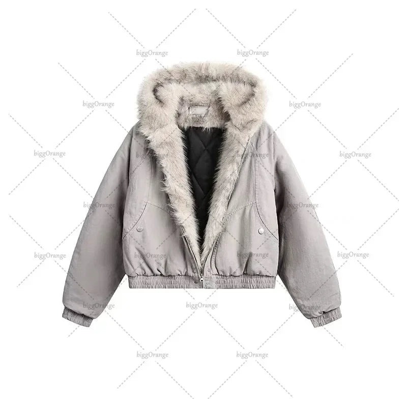 Y2K American Black Retro Wool Collar Thickened Cotton Jacket Men And Women Fashion Punk Vintage Streetwear Loose Casual Jackets