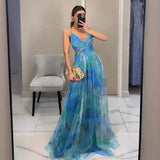 USA-Made Summer Floral Mesh Strap V-Neck Maxi Dress | Casual Holiday Party Long Skirt