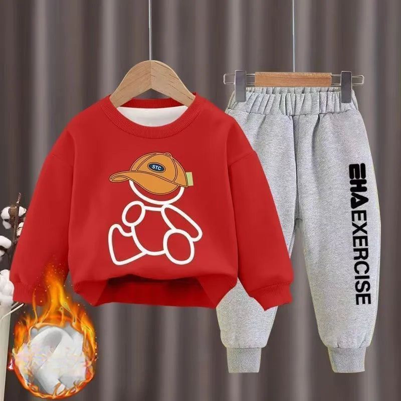 Kids' Winter Cartoon Bear Fleece Tracksuit