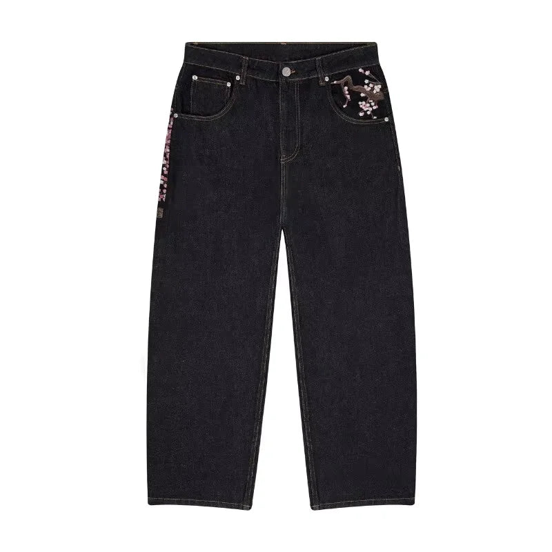 Y2K Harajuku Wide-Leg Jeans | Vintage Plum Blossom Embroidery