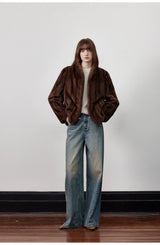 Women's Short Faux Fur Coat with Stand Collar