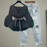 Women Elegant V-Neck Stripe Lantern Sleeve Bow Belt Trend Slim Chiffon Shirt Top And Korean Ripped Jeans Office Lady Casual Suit