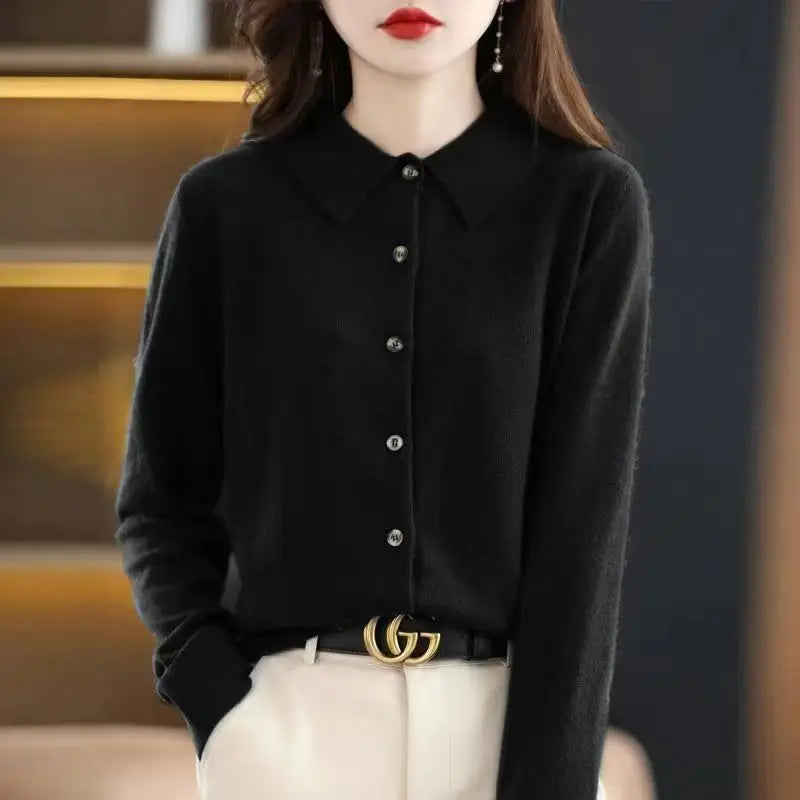 Polo Collar Spun Wool Cardigan – Elegant Single-Breasted Knit Jacket