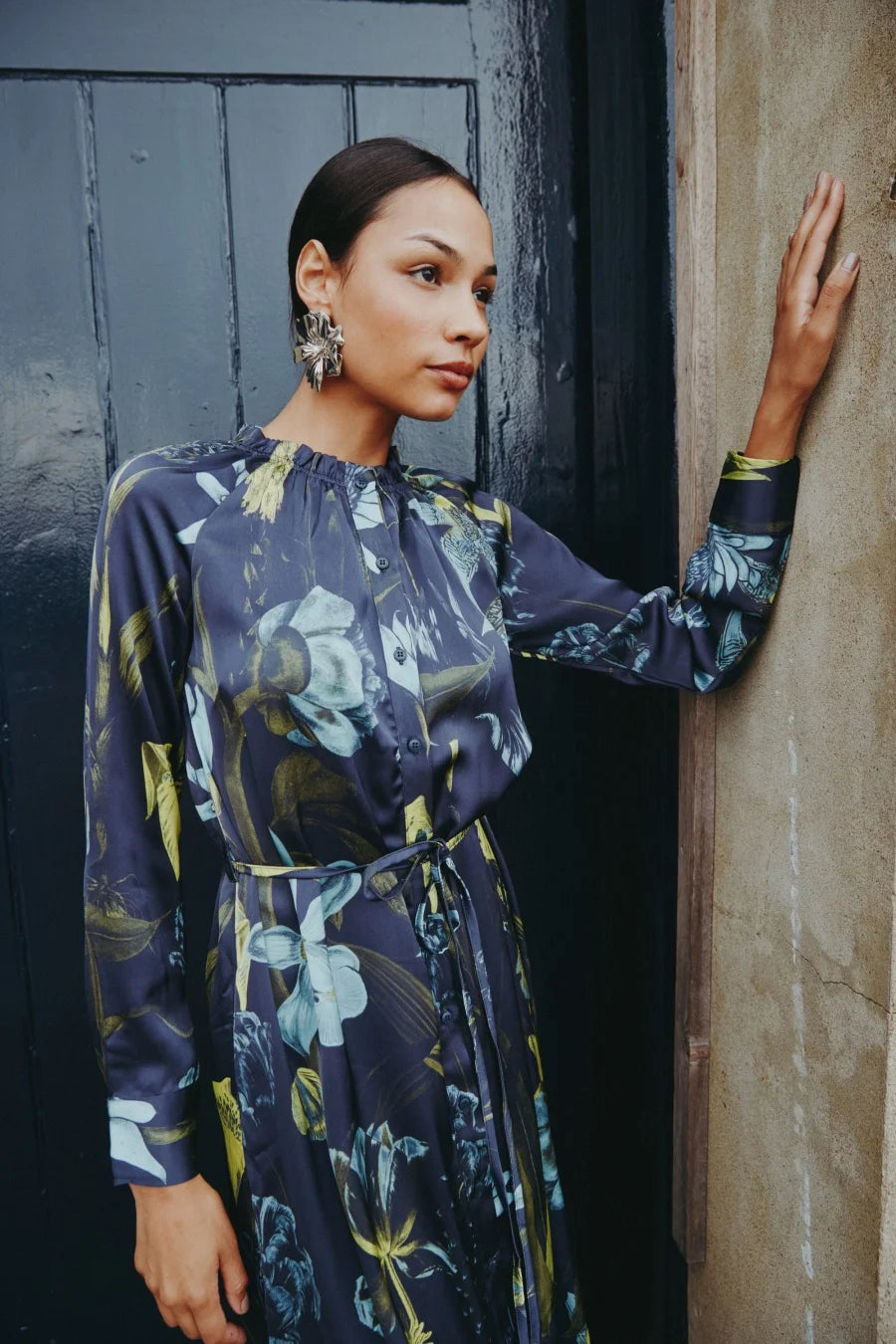 Elegant Ruffled-Neck Satin Dress