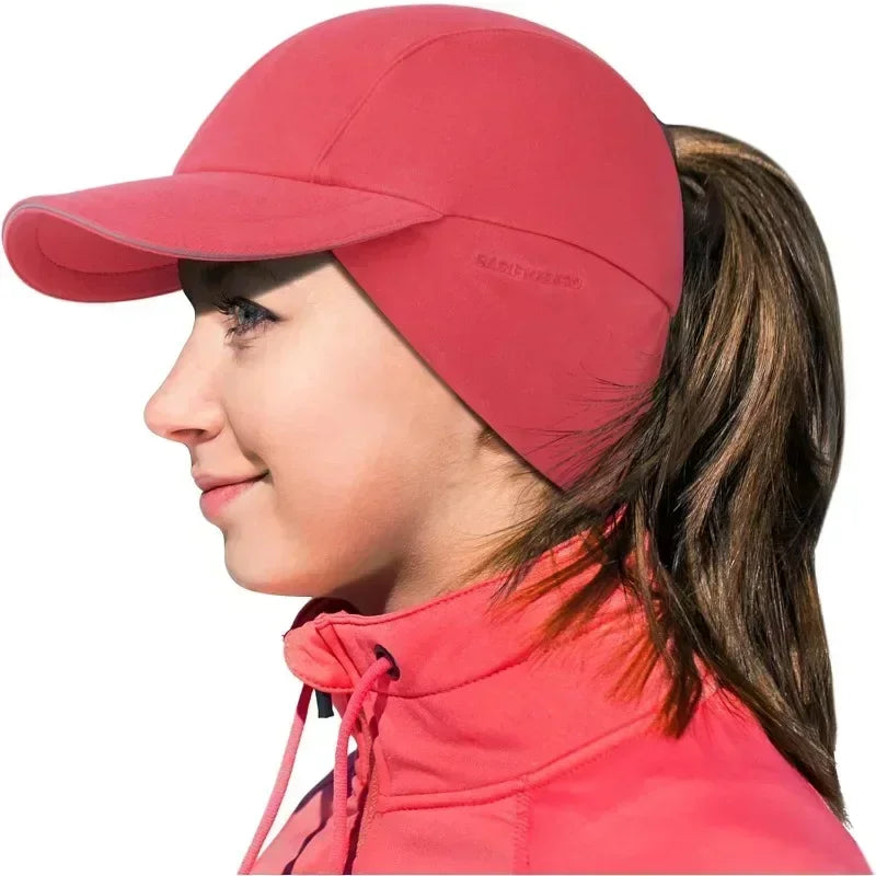 Women's Fleece Ponytail Hat with Ear Warmers & Reflective Cap