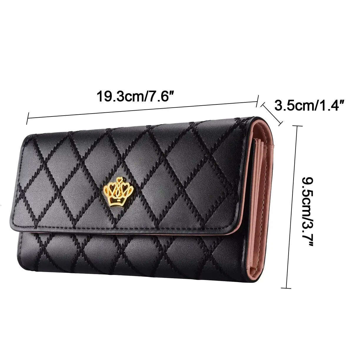 Women PU Leather Black Long Wallet Diamond Pattern Purse Large Capacity Card Holder Crown Buckle Ladies Phone Bag Girls Gifts