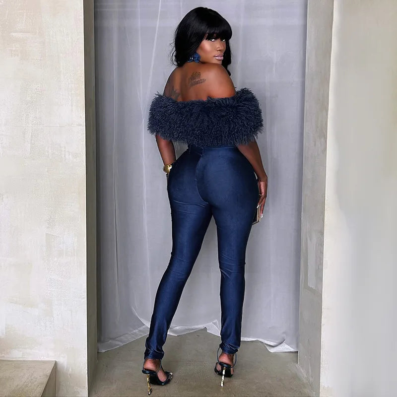 Elegant Off-Shoulder Fur Jumpsuit - Luxury Bodycon Party Wear