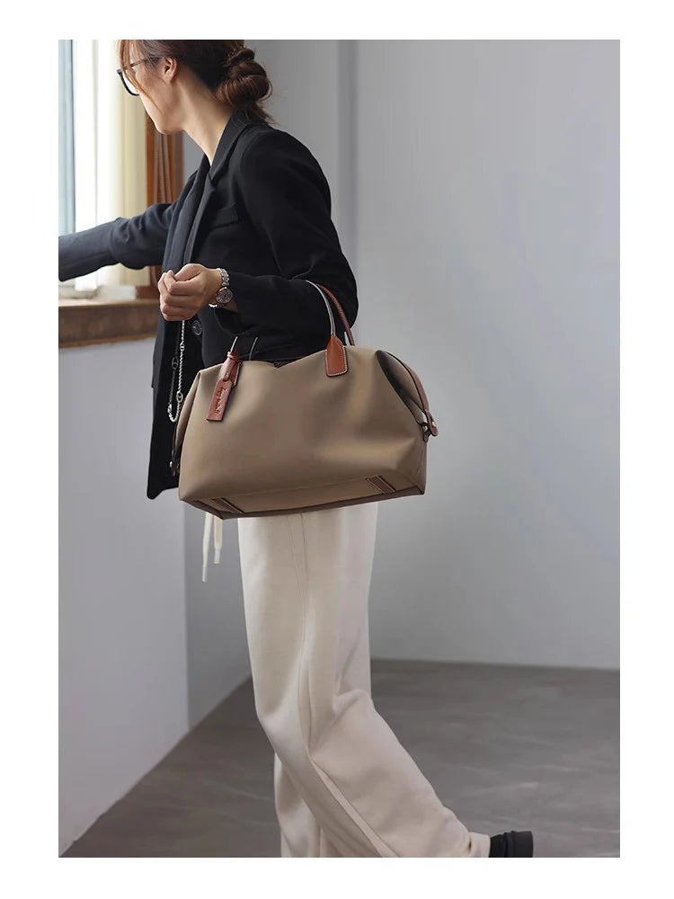 Women's Nylon With Genuine Leather Zipper Tote Lightweight Soft Travling Bags Versatile Style Handbag Different Colors And Size