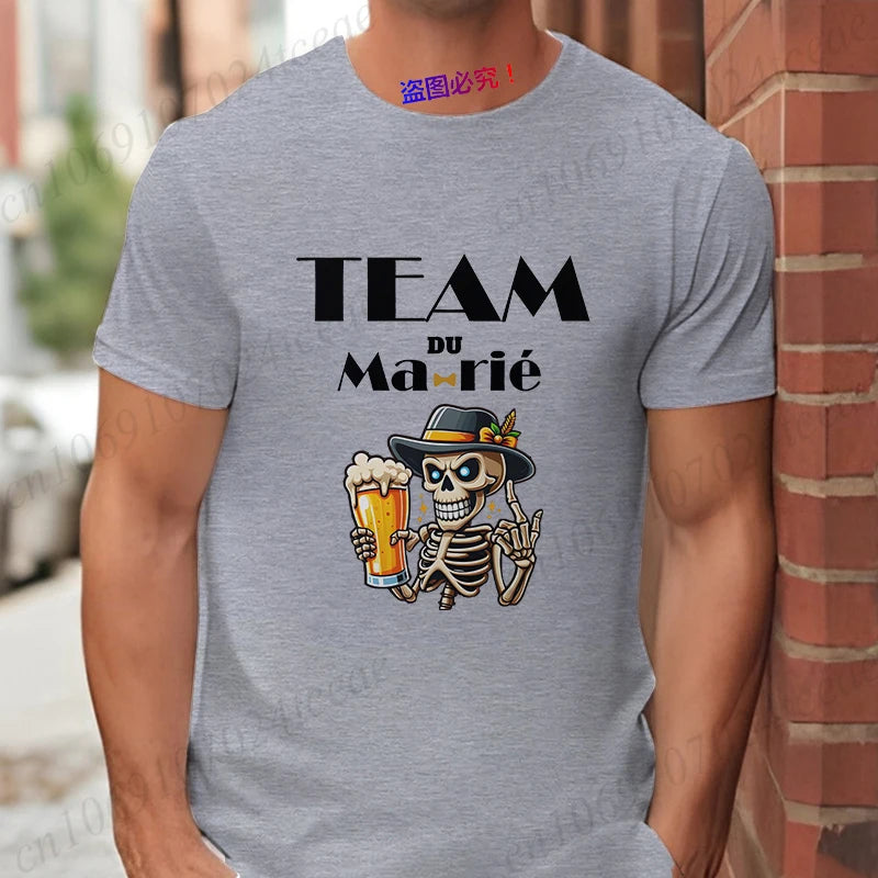 French Funny Single Farewell Bachelor Party T-shirt Wedding Beer Skeleton Tops Evg Team Married Tee Future Groom Man Squad Shirt