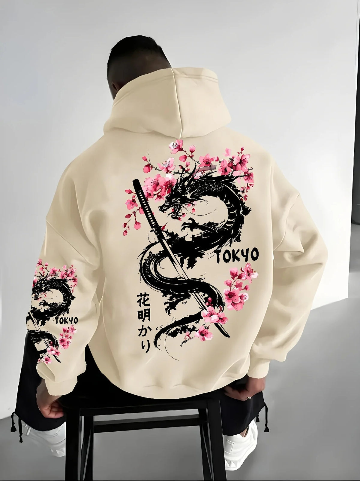 Men's Dragon & Cherry Blossom Print Hoodie