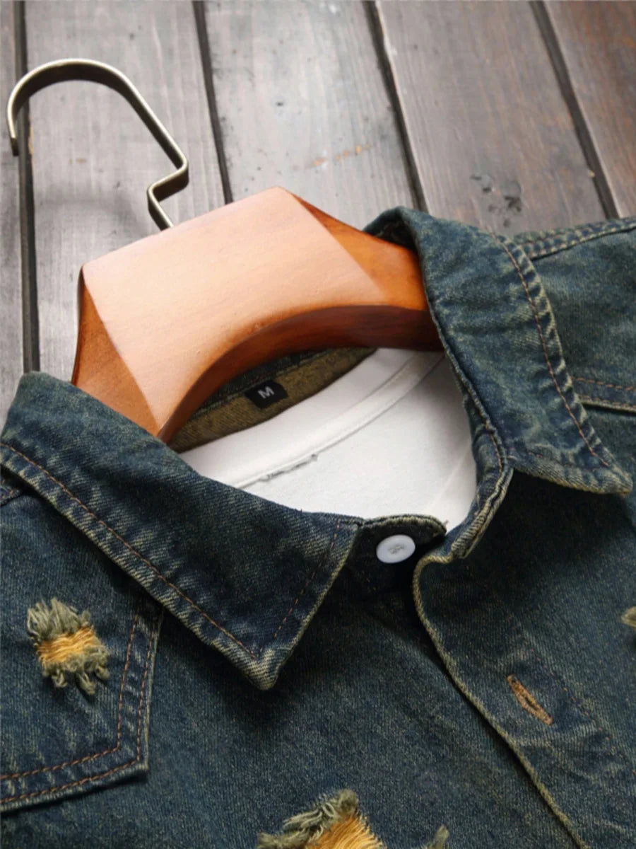 Men's Dark Denim Blue Vintage Ripped Short Sleeve Denim Shirt, Casual Lapel Denim Top With Pockets For Summer