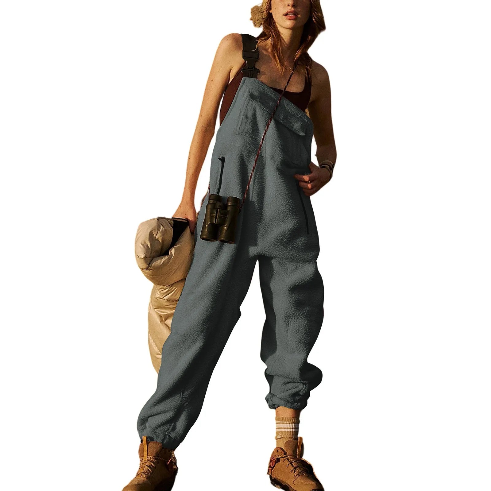 Fleece Bib Overalls - Adjustable Warm Winter Fuzzy Jumpsuit & Ski Pants