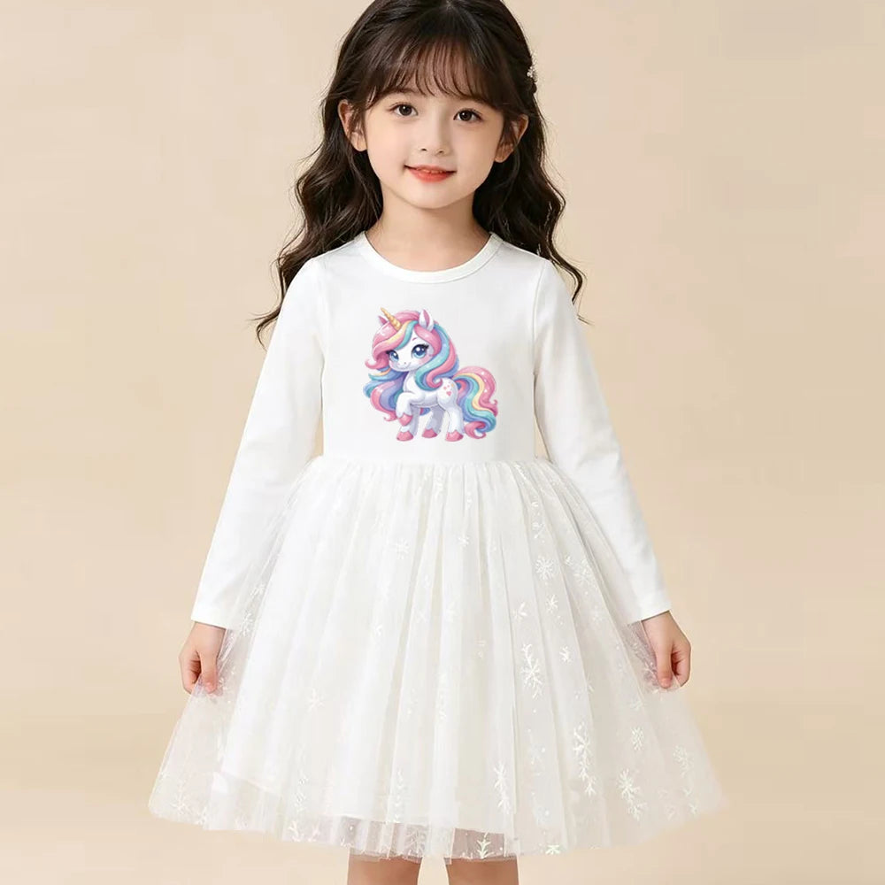 New Girls Dress Spring Autumn Kids Long Sleeve Princess Dress For Children Fashion Clothes Baby Birthday Party Clothing Unicorn