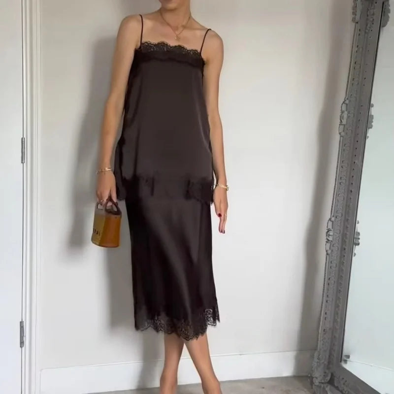 Tidalyf 2025 Women Two Piece Skirt Set Off Shoulder Lace Trim Cami Top with Split Hem Midi Skirt Sexy Elegant Outfit