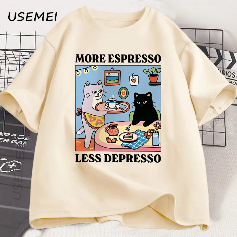 More Espresso Less Depresso Black Cat T-shirt Men Women Funny Coffee Cat T Shirt Casual Summer Cotton Short Sleeve Tshirt Tops
