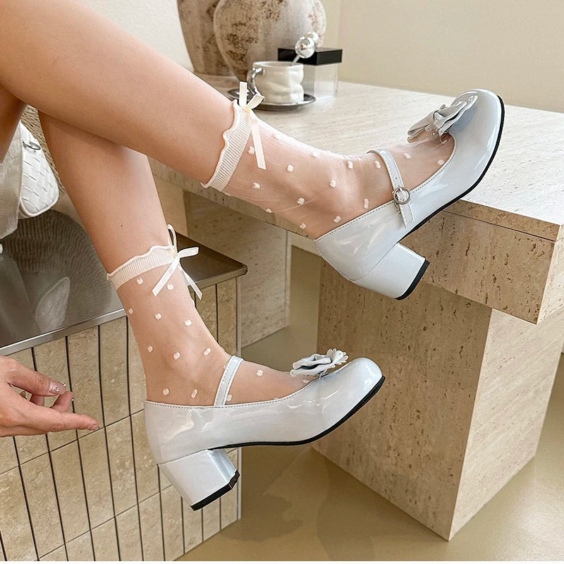 Cute Butterfly-knot Women Lolita Mary Jane Shoes Concise Thick Heel Leather Shoes Ladies Shallow Pumps