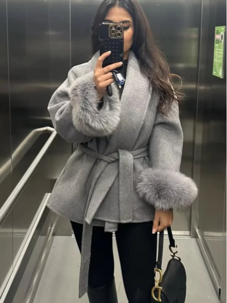Elegant Lace-Up Woolen Short Coat