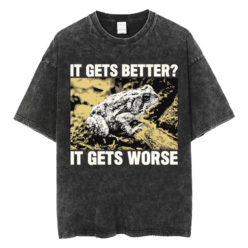The Horrors Are Never Ending Yet I Remain Silly T-shirt Funny Japanese Style Frog Retro Washed T Shirt Men's Oversized Tees Tops
