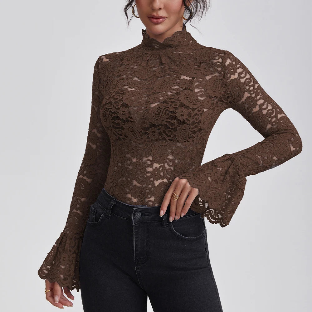 Elegant Floral Lace Turtleneck Blouse