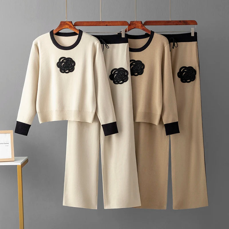 Autumn Color-Block Knit Set | Loose Split Top & Wide Leg Pants