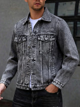 American style multi pocket denim jacket for men blue grey vintage washed loose fitting versatile trendy workwear jacket