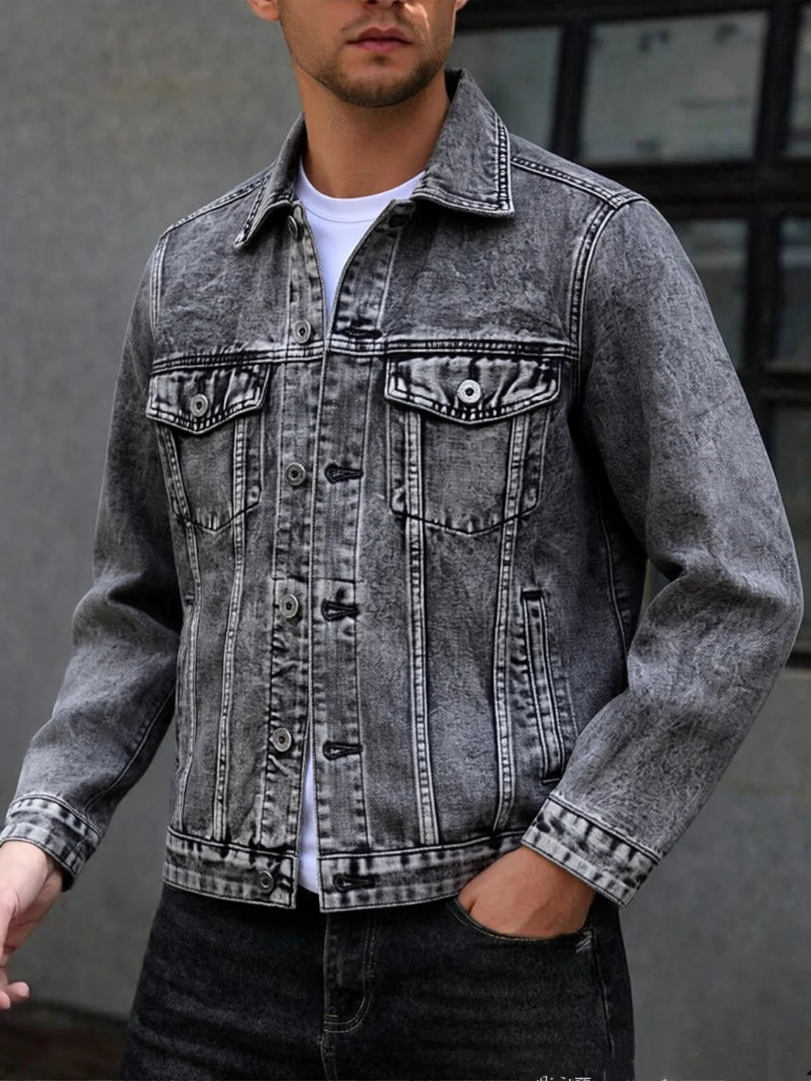 American style multi pocket denim jacket for men blue grey vintage washed loose fitting versatile trendy workwear jacket