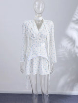 Women Floral Dress Choker Tie Midi Dress Deep V Long Sleeve Belt Waist Club Mini Dress Summer Wear Woman Clothes Daily Outfit